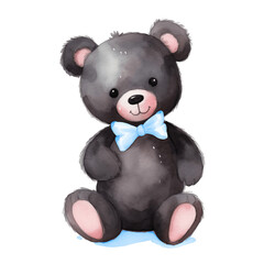 blue bow teddy bear watercolor illustration transparent cute children's book art