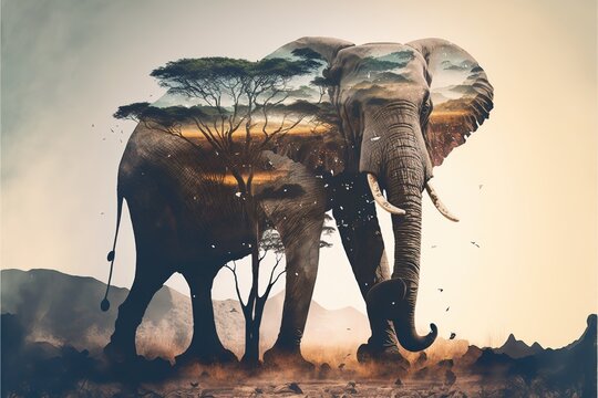 Contemporary abstract artwork double exposure of elephant and savannah of african jungle landscape design, concept of animal and natural wilderness adventure. Superb Generative AI.