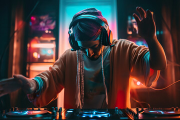 Obraz na płótnie Canvas Bright dynamic illustration of male DJ in a nightclub, AI generative illustration