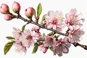 pink cherry blossoms in spring. Isolated cherry tree branch with pink spring blossoms. Generative AI