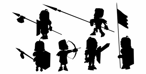 vector silhouette of a knight carrying an arrow, sword, shield and flag, vector illustration of a warrior