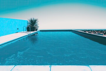 swimming pool with a blue top and water in the backdrop. Generative AI