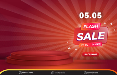 05.05 flash sale discount template banner with blank space 3d podium for product sale with abstract gradient red background design