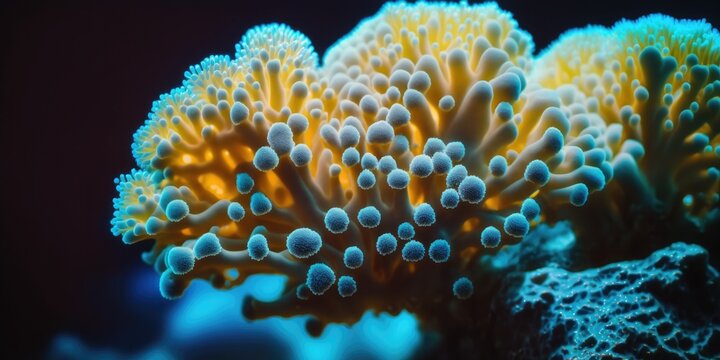 Macro shot on tiny polyps on Montipora sps coral in saltwater aquarium. Generative AI