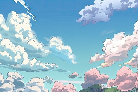 whimsical cartoon sky filled with fluffy clouds. Generative AI