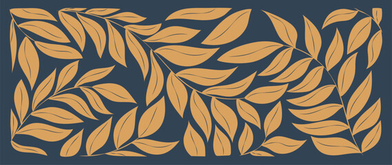 Fototapeta premium Art background with golden branches and leaves in an abstract style. Hand drawn botanical banner for decor, print, textile, wallpaper, interior design.