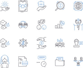 FinTech outline icons collection. Fintech, Payments, Banking, Security, Blockchain, Mobile, AI vector and illustration concept set. BigData, PersonalFinance, Cybersecurity linear signs