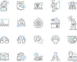 Employee effectiveness outline icons collection. Productivity, Efficiency, Performance, Quality, Output, KPI, Skilled vector and illustration concept set. Motivation, Reliability, Accuracy linear