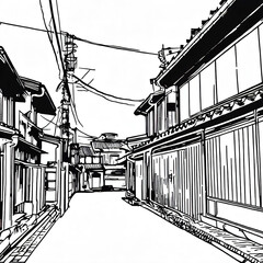 Japanese old township thick black lines style cooloring with Generative AI.