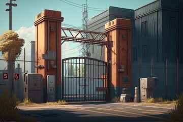 industrial setting. Barrier gate near the industrial area's entrance. factory checkpoint or factory. In the summer, an industrial area. a gated hangar a two story warehouse structure Generative AI - obrazy, fototapety, plakaty