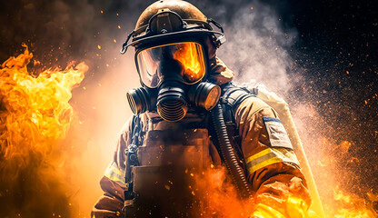 Fireman using water and extinguisher to fighting with fire flame wearing suit for safety, generative ai.
