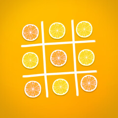 Fruits concept, lemon slices on ox game on yellow background