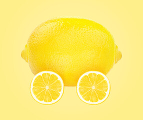 Lemon car concept, car with wheels made of lemon isolated on light yellow background