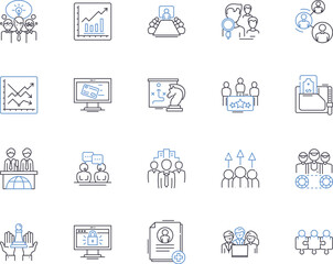 Business conference outline icons collection. Business, conference, seminar, symposium, forum, presentation, workshop vector and illustration concept set. trade, summit, expo linear signs