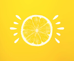 Sun made of lemon with hand drawn lines on yellow background, Fruit summer minimal concept