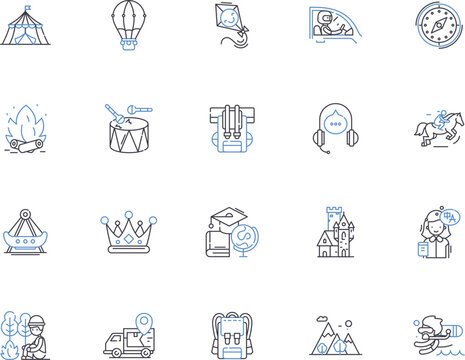 Adventure outline icons collection. Exploration, Trekking, Hiking, Backpacking, Mountaineering, Climbing, Camping vector and illustration concept set. Kayaking, Rafting, Canoeing linear signs