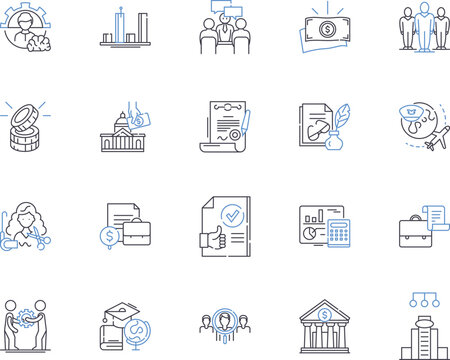 Business and professions outline icons collection. Management, Entrepreneur, Lawyer, Accountant, Engineer, Consultant, Analyst vector and illustration concept set. Consultancy, Broker, Banking linear