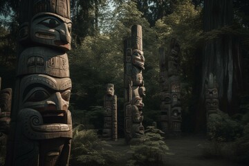 Totems in Stanley Park. Vancouver, British Columbia - Canada. Generative AI