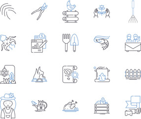 Farming factory outline icons collection. Farming, Factory, Agriculture, Crop, Cultivation, Grower, Harvester vector and illustration concept set. Tractor, Sowing, Plowing linear signs