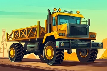 yellow dump truck driving through a desert landscape. Generative AI