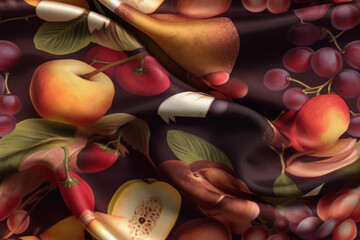 Luxury fruit themed style silk fabric, elegant seamless pattern, realistic light and shadow background, photorealistic wallpaper, generative ai