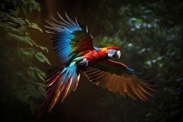 Red in the woods. Macaw parrot flying in lush, dark green surroundings with lovely backlight. Ara macao, the scarlet macaw, in a tropical forest wildlife. Generative AI