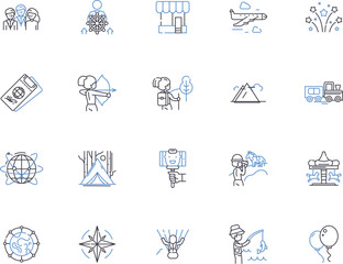 Adventure outline icons collection. Exploration, Trekking, Hiking, Backpacking, Mountaineering, Climbing, Camping vector and illustration concept set. Kayaking, Rafting, Canoeing linear signs
