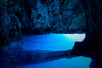 inside of blue lagoon cave. famous Blue Cave in Croatia, Bisevo Island Blue Grotto on Dalmatian...