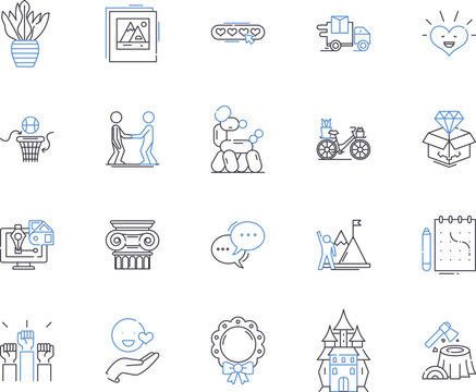 Hobbies and holidays outline icons collection. Sports, Traveling, Fishing, Crafting, Cooking, Reading, Stargazing vector and illustration concept set. Writing, Hiking, Surfing linear signs