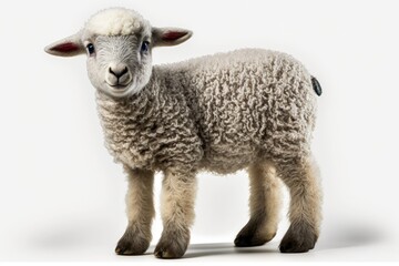 Young sheep lamb cutout on a white background, facing the camera. entire body length side view Concept of innocence and sacrifice. Nobody here. the space bar. Generative AI