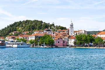 Fototapeta na wymiar Skradin, Croatia. View on the Skradin and yachts in Krka national park in Croatia. small historic town and marina on the Adriatic coast