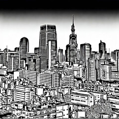 urban city skyline,thick black lines style cooloring , black and white COPY SPACE with Generative AI.