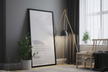 interior of a room poster frame mockup in a Scandinavian home interior, Generative AI
