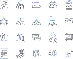 Staff members outline icons collection. Employees, Personnel, Associates, Colleagues, Investigators, Staffers, Workers vector and illustration concept set. Professionals, Operatives, Executives linear