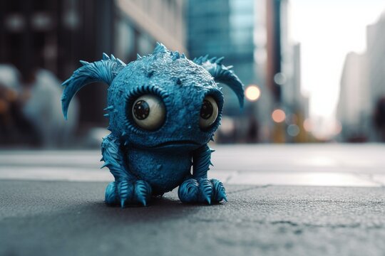 Sci-fi fantasy:cute blue alien monster on the sidewalk in an urban street downtown, made by generative AI