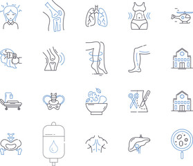 Hospital treatment outline icons collection. Medical, Care, Treatment, Surgery, Hospitalization, Diagnosis, Pain vector and illustration concept set. Relief, Intervention, Procedure linear signs