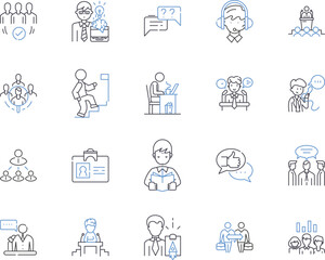 Manager and career outline icons collection. Manager, Career, Leadership, Planning, Motivating, Developing, Organizing vector and illustration concept set. Project, Analyzing, Collaborating linear