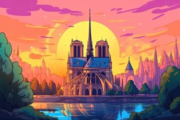 cathedral with vibrant sunset in the background. Generative AI