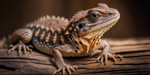 Fototapeta premium Viviparous lizard close up. Brown beautiful lizard on a wooden background macro photography. Lizard is sitting on a tree. Generative AI