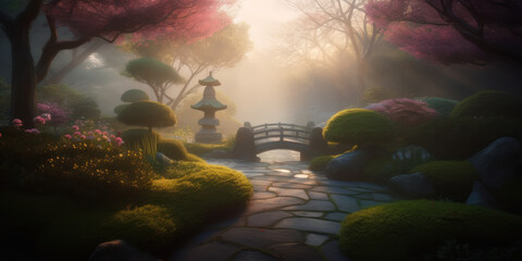 Small bridge in the Japanese Botanical Garden. AI generation