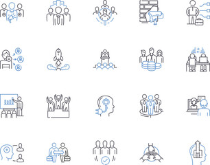 Obraz na płótnie Canvas Team collaboration outline icons collection. Cooperation, Collaboration, Networking, Unify, Co-Ordinate, Syndication, Interact vector and illustration concept set. Unionize, Aggregate, Cooperative