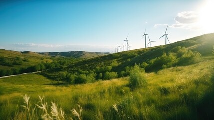 Fototapeta na wymiar Power generating windmills on green hills. Renewable energy concept. Generative AI
