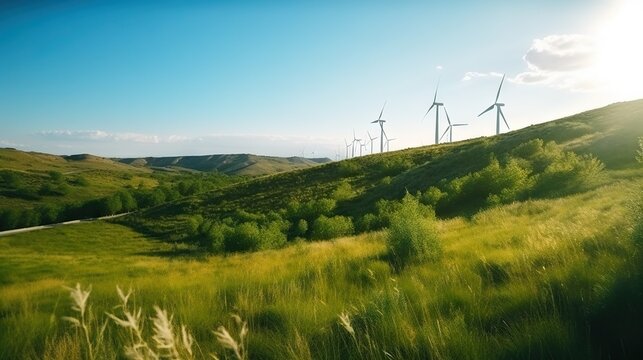 Power generating windmills on green hills. Renewable energy concept. Generative AI