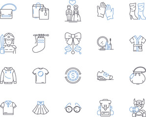 Fashion industry outline icons collection. Clothing, Garments, Apparel, Accessories, Style, Runway, Textiles vector and illustration concept set. Fabric, Shoes, Designers linear signs