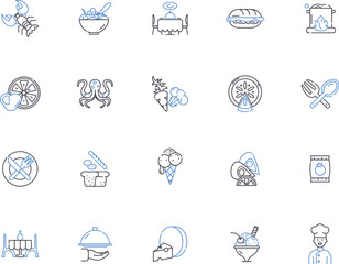 Meals outline icons collection. Food, Dish, Cuisine, Meal, Dinner, Lunch, Supper vector and illustration concept set. Breakfast, Snack, Recipe linear signs