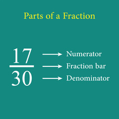 Parts of fraction number in mathematics. Numerator, denominator and fraction bar. Representation of a fraction. Vector illustration isolated on chalkboard.