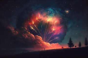 Bright fireworks in the night sky. Generative AI