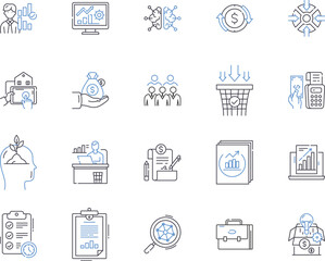Business decisions outline icons collection. Strategy, Planning, Solutions, Risk, Analysis, Measurement, Investment vector and illustration concept set. Budgeting, Profitability, Performance linear