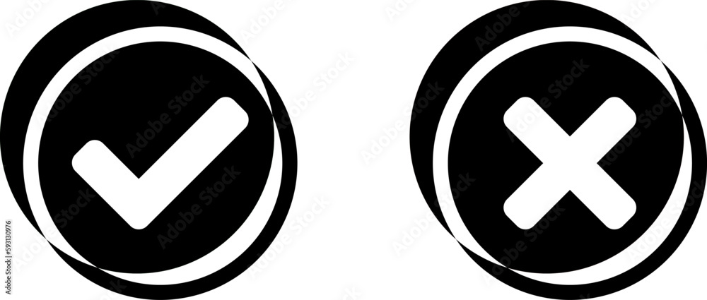 Poster yes and no or right and wrong or approved and declined icons with check mark and x signs in black an
