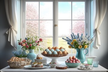 Easter brunch table decor. Decor for the family's Easter celebration. Spring flowers and an egg basket. Kids' meals include bread, croissants, and fruit. Decorated kitchen window with eggs and pastel